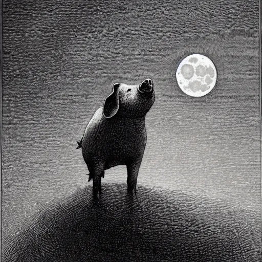 Prompt: pig in a tuxedo, in front of the moon, dark clouds, high detail, dramatic light, illustration by gustave dore