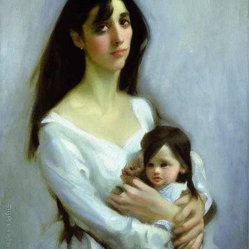 Image similar to “ dark haired girl holding infinity, very detailed, oil painting, portrait, dark background, by john singer sargent ”