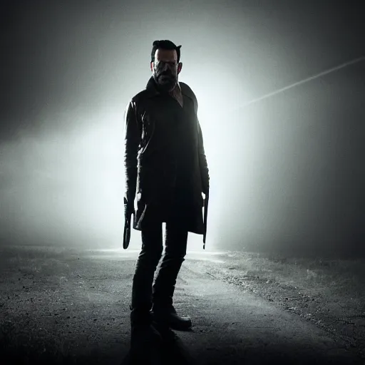 Image similar to portrait art of negan walking dead, 8 k ultra realistic, lens flare, atmosphere, glow, detailed, intricate, full of colour, led lighting, 4 k, hyperrealistic, focused, extreme details, unreal engine 5, masterpiece