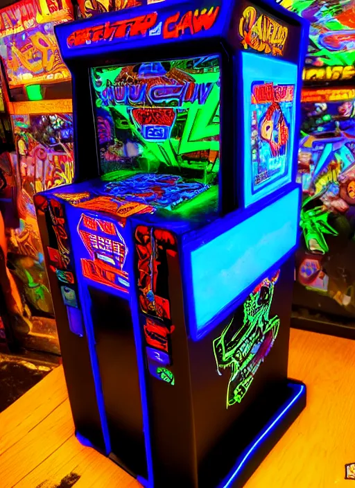 Image similar to cyberpunk claw toy prize machine, sign that says glitch, in an arcade