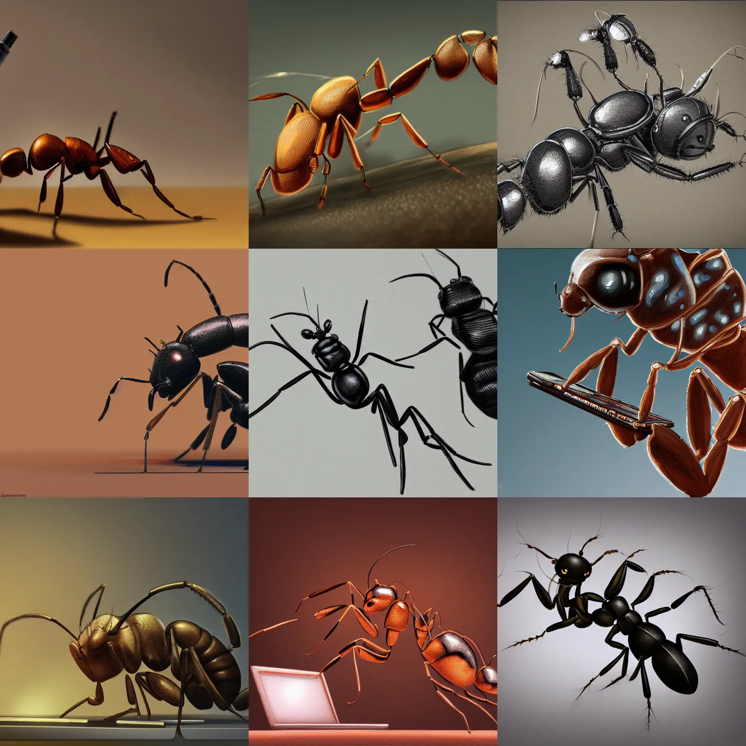 Prompt: microscope of an ant holding a laptop, intricate, highly detailed, digital painting, artstation, concept art, smooth, sharp focus, illustration, vfx