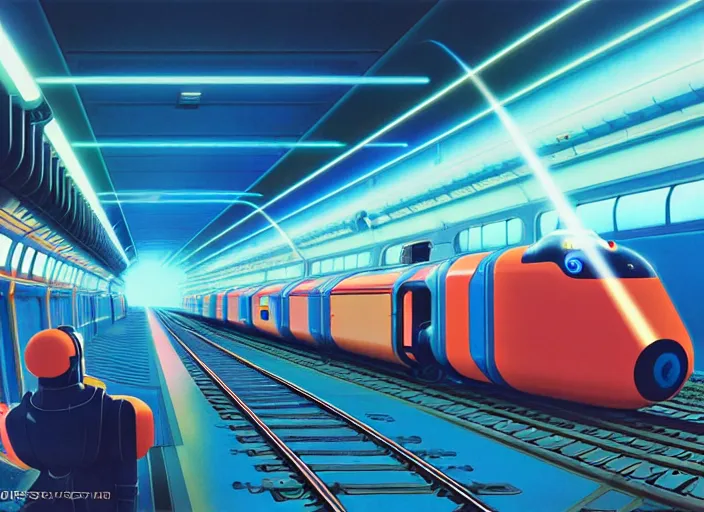 Prompt: (futuristic train on a track of laser beams), Ilya Kuvshinov, digital, concept art, Kyoto animation, last exile, blue submarine no. 6,loish, murata range, kawaii, yoshitaka amano, studio lighting, manga, bright colors, beautiful, 28mm lens,alphonse mucha, vibrant high contrast, gradation, jean giraud, moebius, fantasy, rule of thirds, fibonacci, intricate, cel shaded, flat, matte print, makoto shinkai