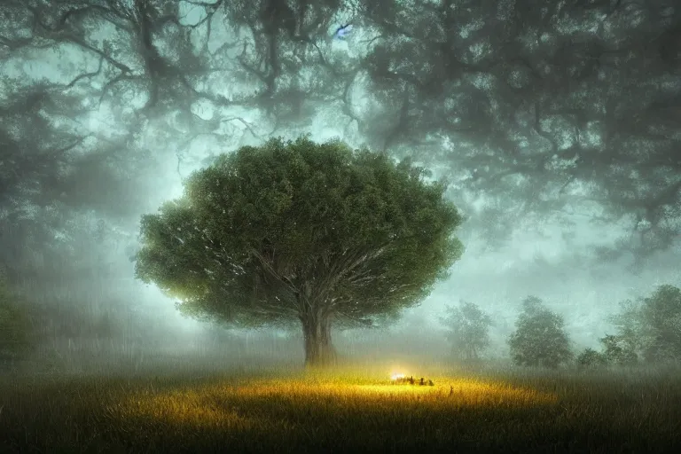 Image similar to masterpiece painting, a big owl carved in an oak, fireflies cloud illuminating the oak forest at night, cloud spiral movement, peaceful scene, light fog, 8 k octane render, atmospheric effects, by jean hugo, motion blur, artstation, deviantart