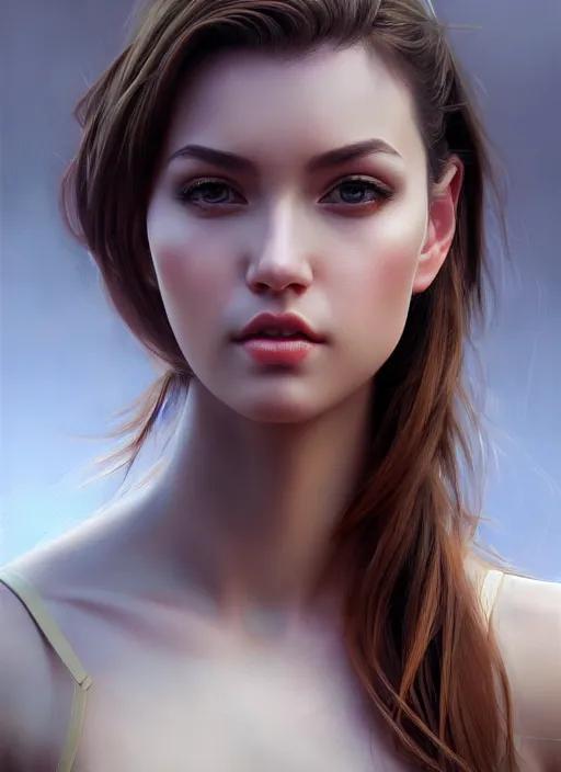 Image similar to high angle photo of a gorgeous young woman in the style of stefan kostic, realistic, sharp focus, 8 k high definition, insanely detailed, intricate, elegant, art by stanley lau and artgerm