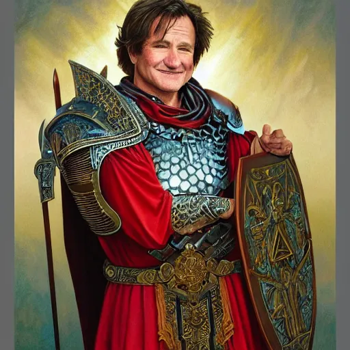 Image similar to an ultradetailed portrait of robin williams dressed as a fantasy holy paladin, carrying a large tower shield, d & d, fantasy, intricate, elegant, highly detailed, digital painting, matte, sharp focus, illustration, plate armor, god rays, art by john collier and albert aublet and krenz cushart and artem demura and alphonse mucha