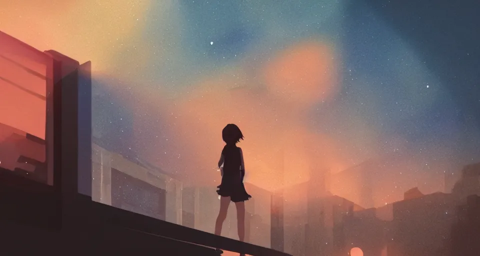 Image similar to Girl on a window pane watching the Saturn sunset in the twilight, volumetric lighting, watercolor, glowing lights, 4k, octane, digital painting, pixiv, by Aenami