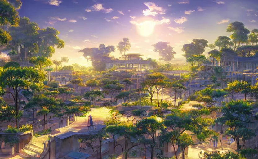 Prompt: beautiful detailed landscape artwork of the futuristic gardens of babylon, golden hour, masterpiece by Makoto Shinkai