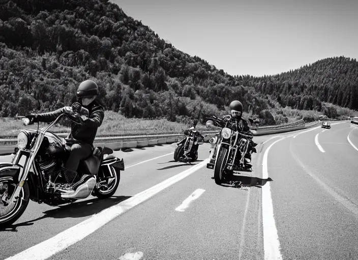 Image similar to harley davidson motorbike driving on the freeway. iso 1 0 0. low camera view. retro photo