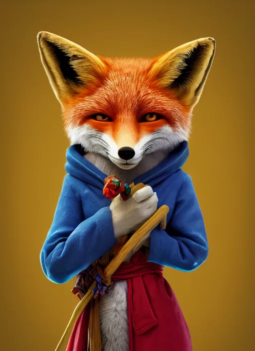 Image similar to an anthropomorphic beautiful female fox wizard portrait holding a staff wearing colourful robe, fine art, award winning, intricate, elegant, sharp focus, octane render, hyperrealistic, cinematic lighting, highly detailed, digital painting, 8 k concept art, art by jamie hewlett and z. w. gu, masterpiece, trending on artstation, 8 k