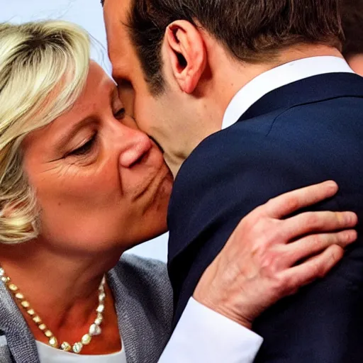 Image similar to emmanuel macron kissing Marine Lepen