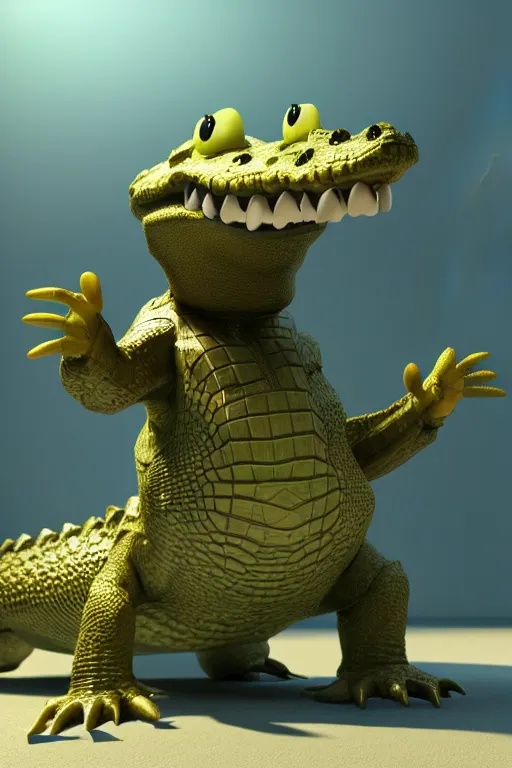 Prompt: a crocodile wearing a formal overcoat Pixar style 3D render octane render unreal engine 5 path tracing front shot cute Disney style 4K natural