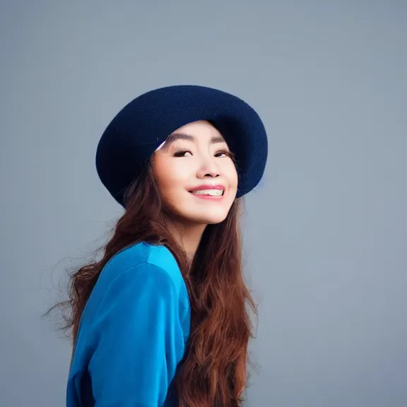 Image similar to portrait of 2 5 - year - old social media profil woman oval pretty face with angle 9 0 ° centred looking away breading fresh air, strong spirit and look between serious and happy, caracter with brown hat, background soft blue