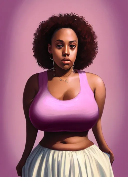 Image similar to full body portrait, teenage vanessa morgan, pink hair, brown skin, obese, curly pixie hair, sultry, realistic, short hair, hoop earrings, skirt, shirt, fat, belly, intricate, elegant, highly detailed, digital painting, artstation, concept art, smooth, sharp focus, illustration, art by wlop, mars ravelo and greg rutkowski