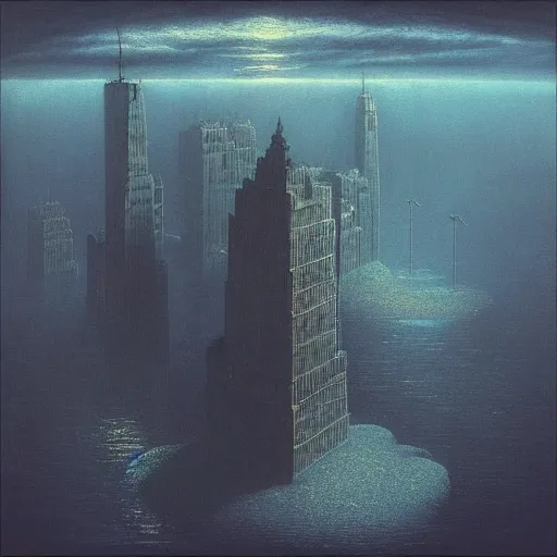 Prompt: “New York under water Zdzislaw Beksiński, photography, 8k resolution, highly detailed, HDR, golden hour”