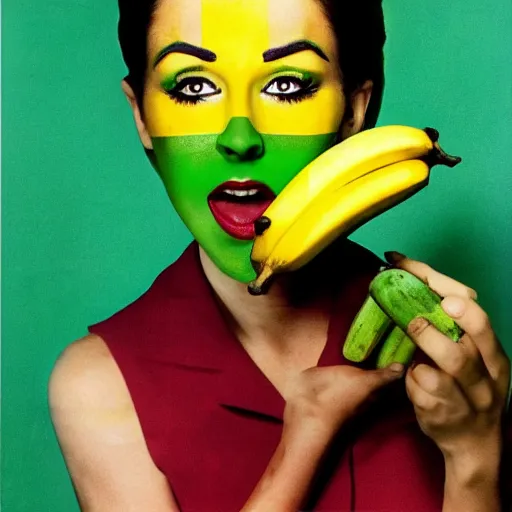 Image similar to a woman with green and yellow makeup holding bananas, a pop art painting by bert stern, trending on behance, pop art, pop art, surrealist, photoillustration