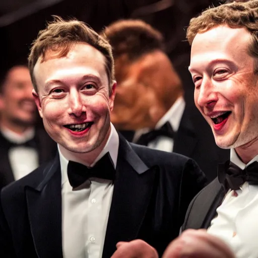 Image similar to elon musk & mark zuckerberg giggling while attending a private pajama party for celebrities only. cinematic 8 k, depth of field, bokeh.