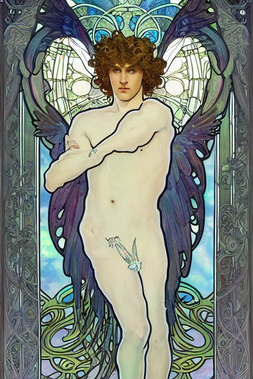 Image similar to full figure art nouveau window depicting a young fit male angel with curly blond hairs, dressed with fluent clothes, majestic wings, luminous halo, by alfons mucha, d & d character, gradient white to gold, in front of an iridescent background, highly detailed portrait, digital painting, artstation, concept art, smooth, sharp focus, illustration, artstation hq