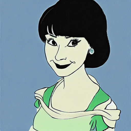 Image similar to a walt disney's style portrait of a woman with bangs hair, artwork by davis, marc