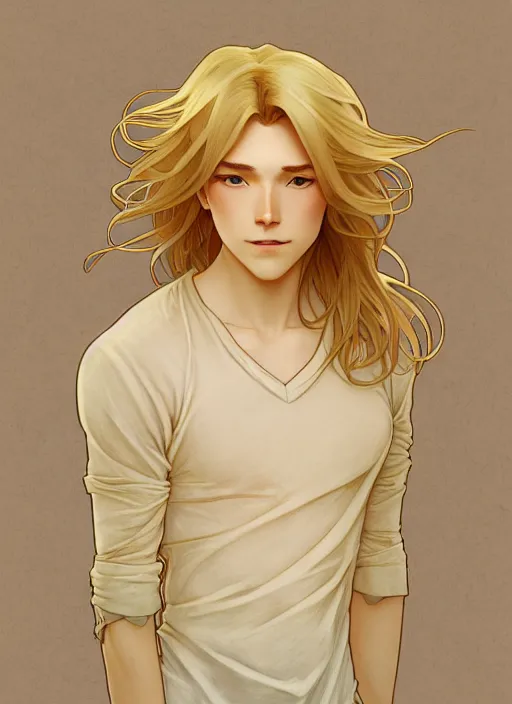 Image similar to pretty young man with shoulder length shiny shimmering golden blond hair, half body shot, path traced, highly detailed, high quality, digital painting, by studio ghibli and alphonse mucha, leesha hannigan, hidari, disney