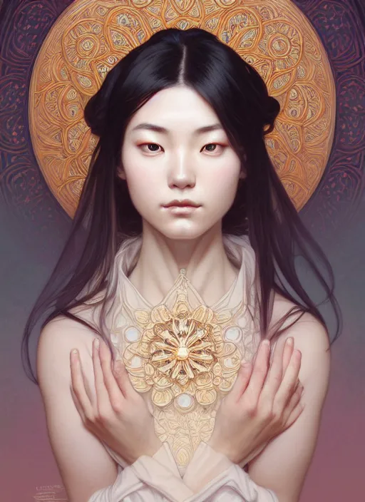 Image similar to symmetry portrait of floral hitomi kisugi, intricate, elegant, highly detailed, digital painting, artstation, concept art, smooth, sharp focus, illustration, art by artgerm and greg rutkowski and alphonse mucha, 8 k