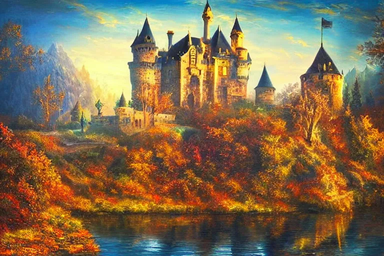 Prompt: castle, fantasy, painting, ultra realistic!!!, clear weather, golden hour, sharp focus