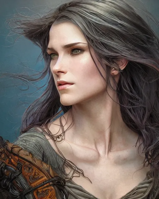 Image similar to close up portrait of a ruggedly handsome female witch, soft hair, half body, leather, d & d, fantasy, intricate, elegant, highly detailed, digital painting, artstation, concept art, smooth, sharp focus, illustration, art by artgerm and greg rutkowski and alphonse mucha