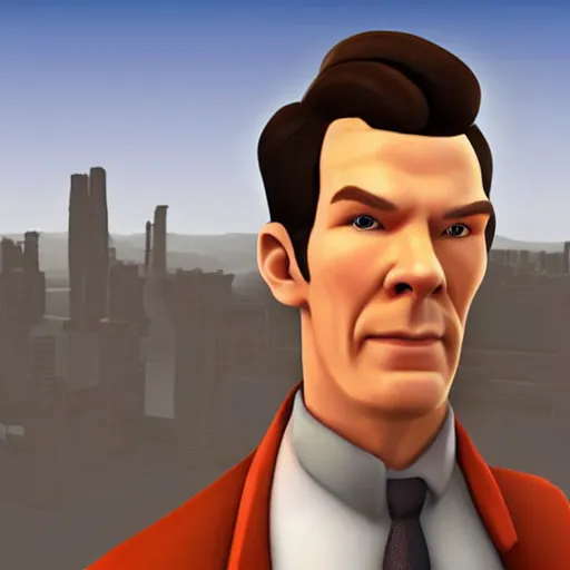 Prompt: a screenshot of benedict cumberbatch in the video game team fortress 2. 3 d rendering. unreal engine. amazing likeness. very detailed. cartoon caricature