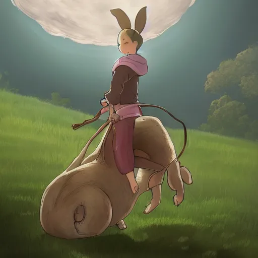 Image similar to a girl riding a giant rabbit. very detailed. digital art. in the style of miyazaki. 4 k. trending on artstation.