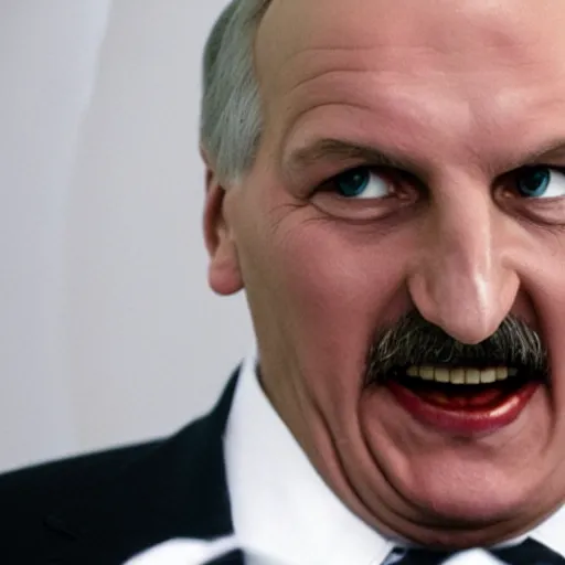 Image similar to Alexander Lukashenko as the American Psycho, staring psychopathically, sweating hard, cinematic still