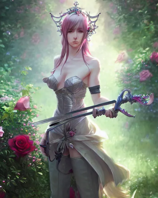 Image similar to an elegant lady surrounded by holographic swords in a garden full of roses, final fantasy, cushart krenz, cushart krenz, goddess, unreal engine, very detailed, realistic face, detailed face, matte, tonemapping, perfection, 4 k