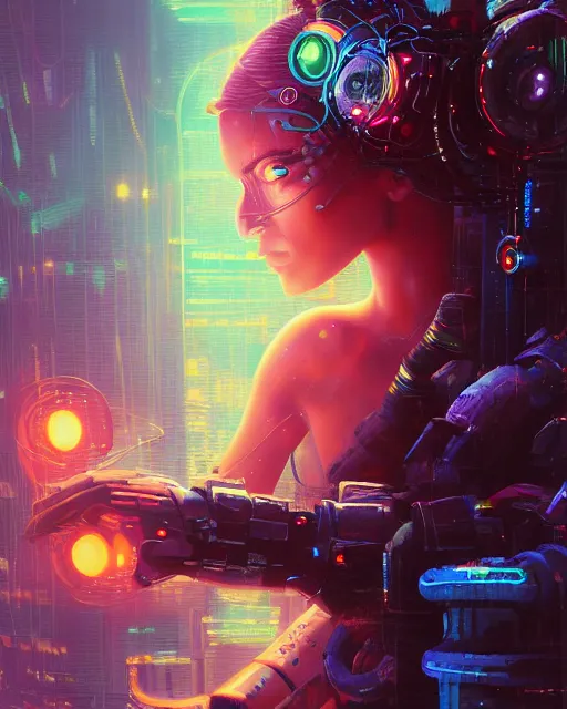 Prompt: a cyberpunk close up portrait of cyborg medusa, electricity, sparks, bokeh, soft focus, by paul lehr, jesper ejsing