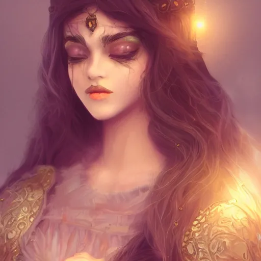 Image similar to A beautiful detailed portrait of a young beautiful female fantasy sorceress with fair skin and long dark brown hair dressed in ornate magical clothing by Kirbi Fagan, trending on artstation