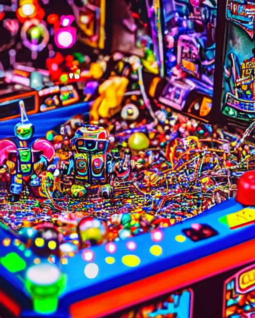 Image similar to crowded city made of arcade machines and buildings made of candy, cute elaborate epic robot, candy colors, pinball machine parts, symmetrical, bubbles everywhere, video game consoles, colored wires, translucent, clear parts, detailed by pokedstudio