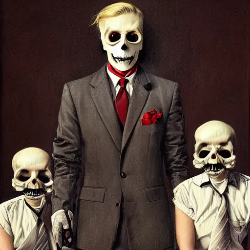 Image similar to Portrait of a suited blond with medical gloves and a skull face mask, by Gerald Brom, Kim Kyoung Hwan and Norman Rockwell