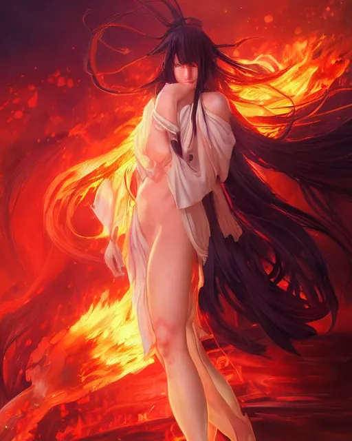 Prompt: red eyed beautiful long haired anime girl, dress in fire, full body photo, flames everywhere, highly detailed, digital painting, artstation, concept art, smooth, sharp focus, illustration, art by artgerm and greg rutkowski and alphonse mucha