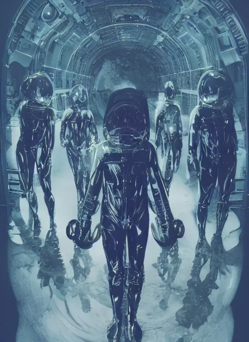 Image similar to astronauts in dark void underwater - complex and hyperdetailed technical suit. reflection and dispersion materials. rays and dispersion of light. volumetric light. f / 3 2. noise film photo. flash photography. ultra realistic, wide angle. poster by wayne barlowe, hajime sorayama aaron horkey, craig mullins