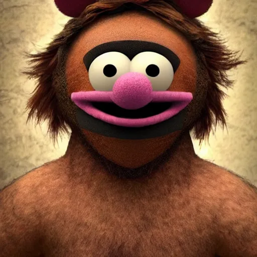 Image similar to a still of a forgotten muppet character looking very manly and modern, hilarious, laughing, hairy chest, huge chin, manly monster tough guy, roughled fur, photo real, photographic, photograph, artstation, trending, featured