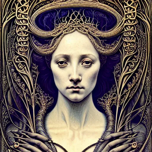 Image similar to beautiful young medieval queen face portrait by jean delville, gustave dore, iris van herpen and marco mazzoni, art forms of nature by ernst haeckel, art nouveau, symbolist, visionary, gothic, neo - gothic, pre - raphaelite, fractal lace, intricate alien botanicals, ai biodiversity, surreality, hyperdetailed ultrasharp octane render