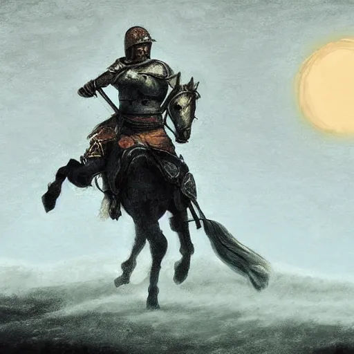Image similar to Digital art of a tired spartan soldier riding horse on the battlefield in the style of an oil painting, acrylic, bleak, moonlight, detailed,