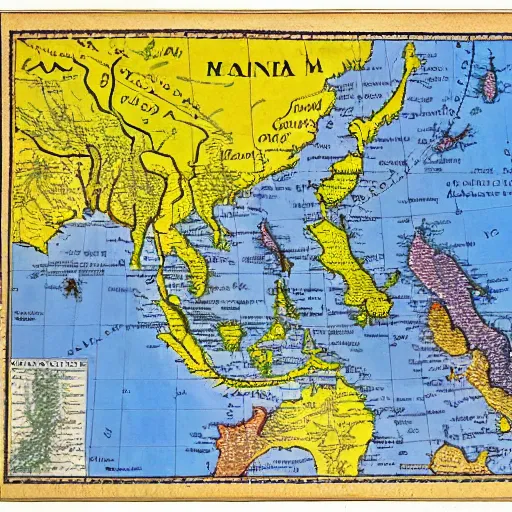 Image similar to map of mainland southeast asia, zoom in burma thailand laos cambodia and vietnam, 1 7 th century, high accuracy, fantasy, based on geographical map,