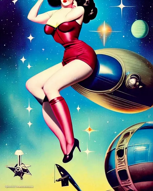 Image similar to retro space dita von teese varga girl posing on a space ship in dieselpunk city, windblown dark hair, retro pinup model, seductive, 1 9 4 0, hyper detailed, digital art, smooth, sharp focus, anna dittmann, gil elvgren, alberto vargas.