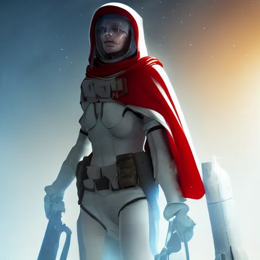 Prompt: a young female soldier, no makeup, wearing glossy sleek white bloodstained dinged scuffed armor and a long torn red cape, heroic posture, determined expression, elegant, no helmet, on the surface of mars, dramatic lighting, cinematic, sci-fi, hyperrealistic, detailed