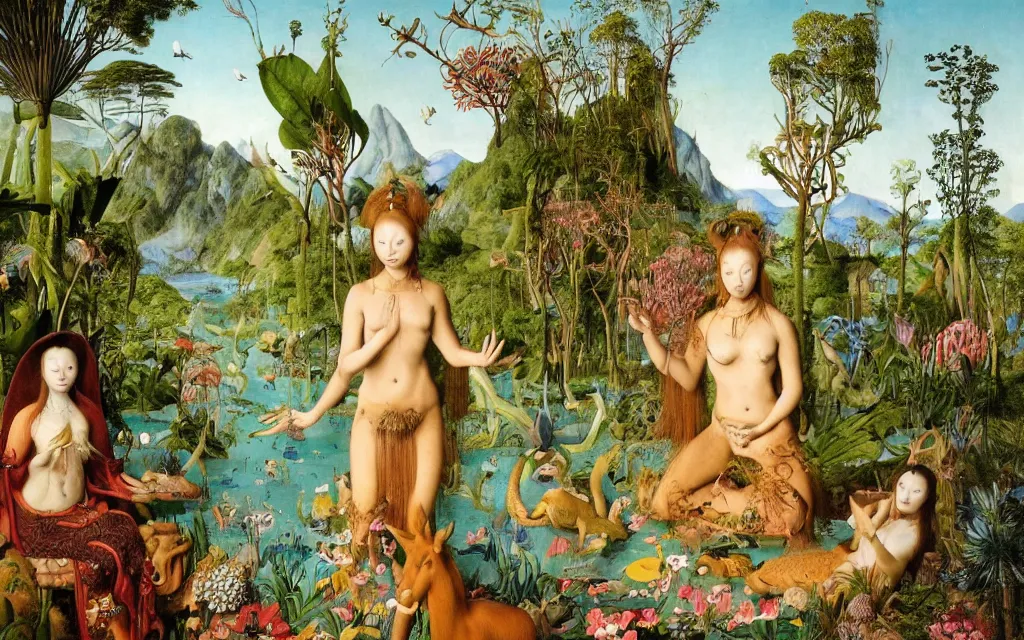 Image similar to a portrait photograph of a meditating mermaid shaman and a centaur monk feeding tropical animals at a wide river delta. surrounded by bulbous flowers, animals and trees. mountain range under a vast blue sky of burning stars. painted by jan van eyck, max ernst, ernst haeckel and artgerm, cgsociety, artstation, fashion editorial