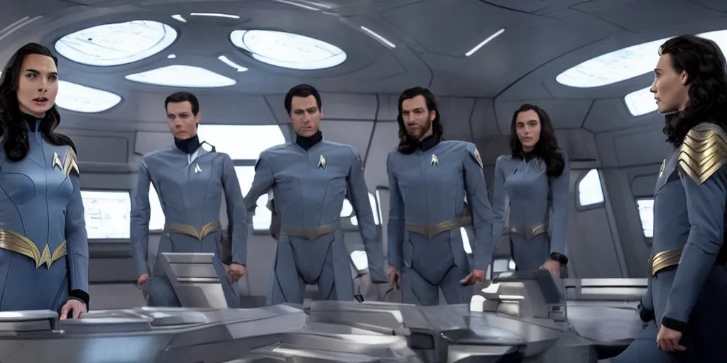 Image similar to Gal Gadot, in full starfleet uniform, is the captain of the starship Enterprise in the new Star Trek movie