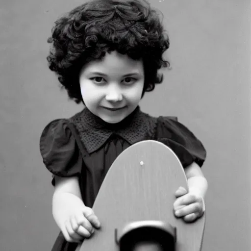 Image similar to a cute girl with curly black hair holding a skateboard, Daguerrotype