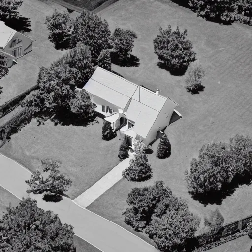 Prompt: black and white satellite image of a suburban house and driveway