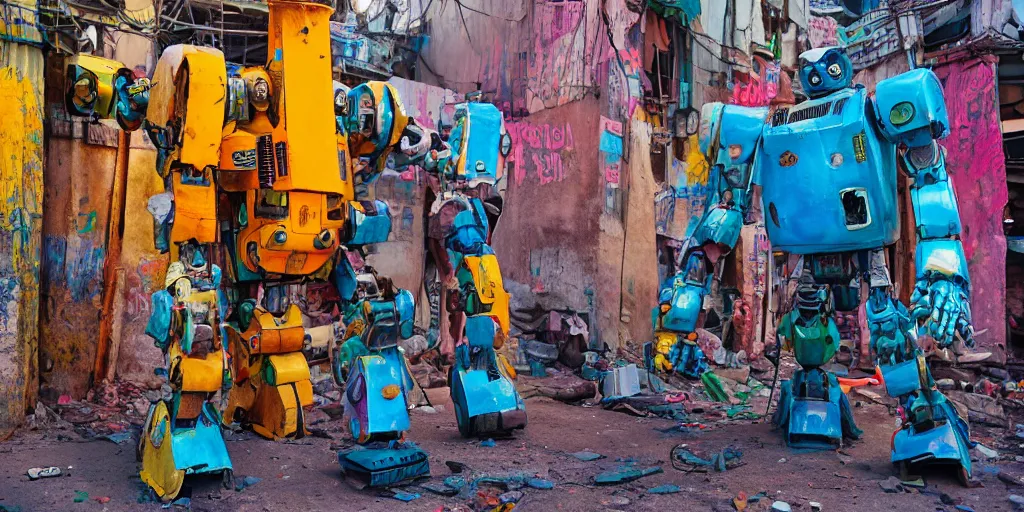 Image similar to colourful - damaged - giant mecha ROBOT of neon lit AJEGUNLE SLUMS of Lagos, markings on robot, Golden Hour,