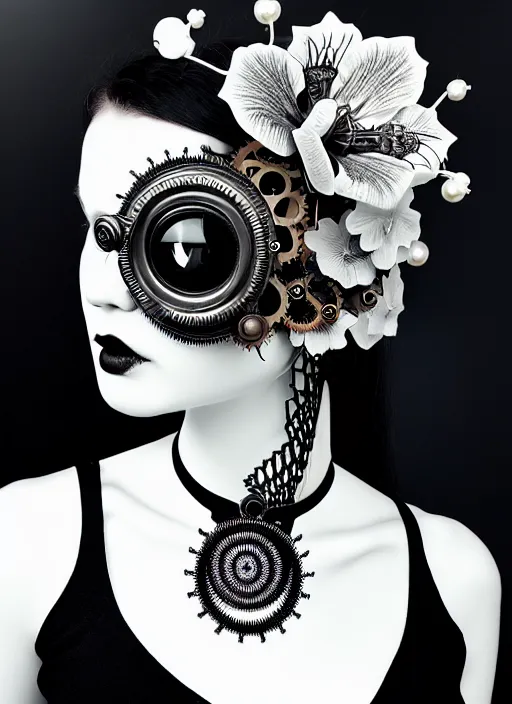 Prompt: black and white gothic masterpiece profile face portrait, one steampunk eye silver hexagonal meshes floral biomechanical beautiful young female cyborg - vampire, big monocular, volumetric light, hibiscus flowers, by hg giger, rim light, big gothic fashion pearl embroidered collar, 8 k