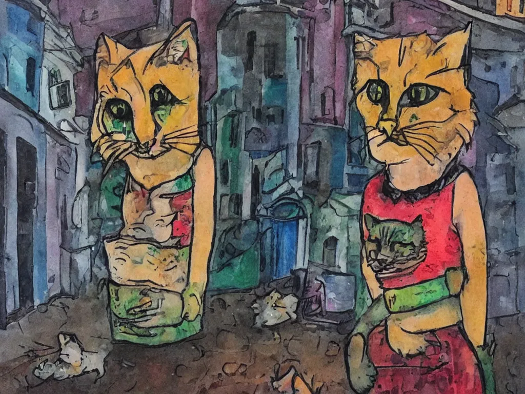 Prompt: a little alley cat living inside trash at night in downtown, in the style of kahlo and matisse