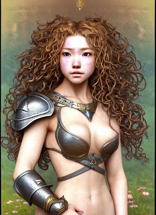 Image similar to complex 3 d hyper realistic smooth ultra sharp render of a gorgeous princess warrior paladin woman | sunkissed tan skin, curly dirty blonde hair, freckles, luminescent eyes | d & d, medieval, fantasy | art by oh jinwook + 吵 集 仁 儿 on artstaion + takeshi obata + alphonse mucha